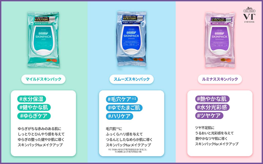 朝のメイク前に使用するVT COSMETICSの「スキンパック」3種類(マイルド、スムーズ、ルミナス)のパッケージとシート