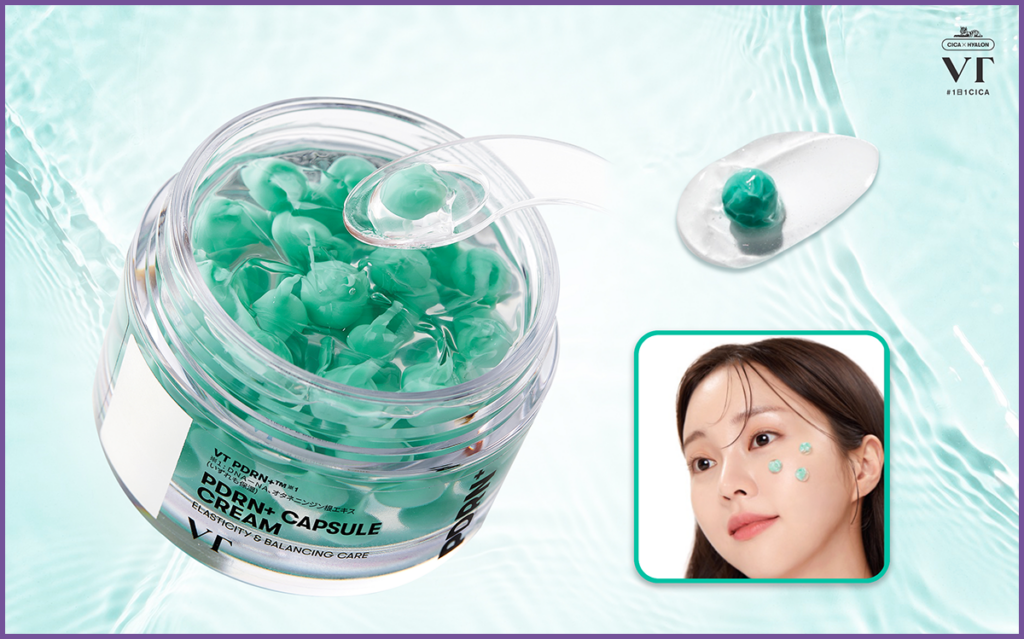 VT COSMETICSのPDRN配合カプセルが浮かぶ「PDRN+ カプセルクリーム100」のテクスチャーと容器